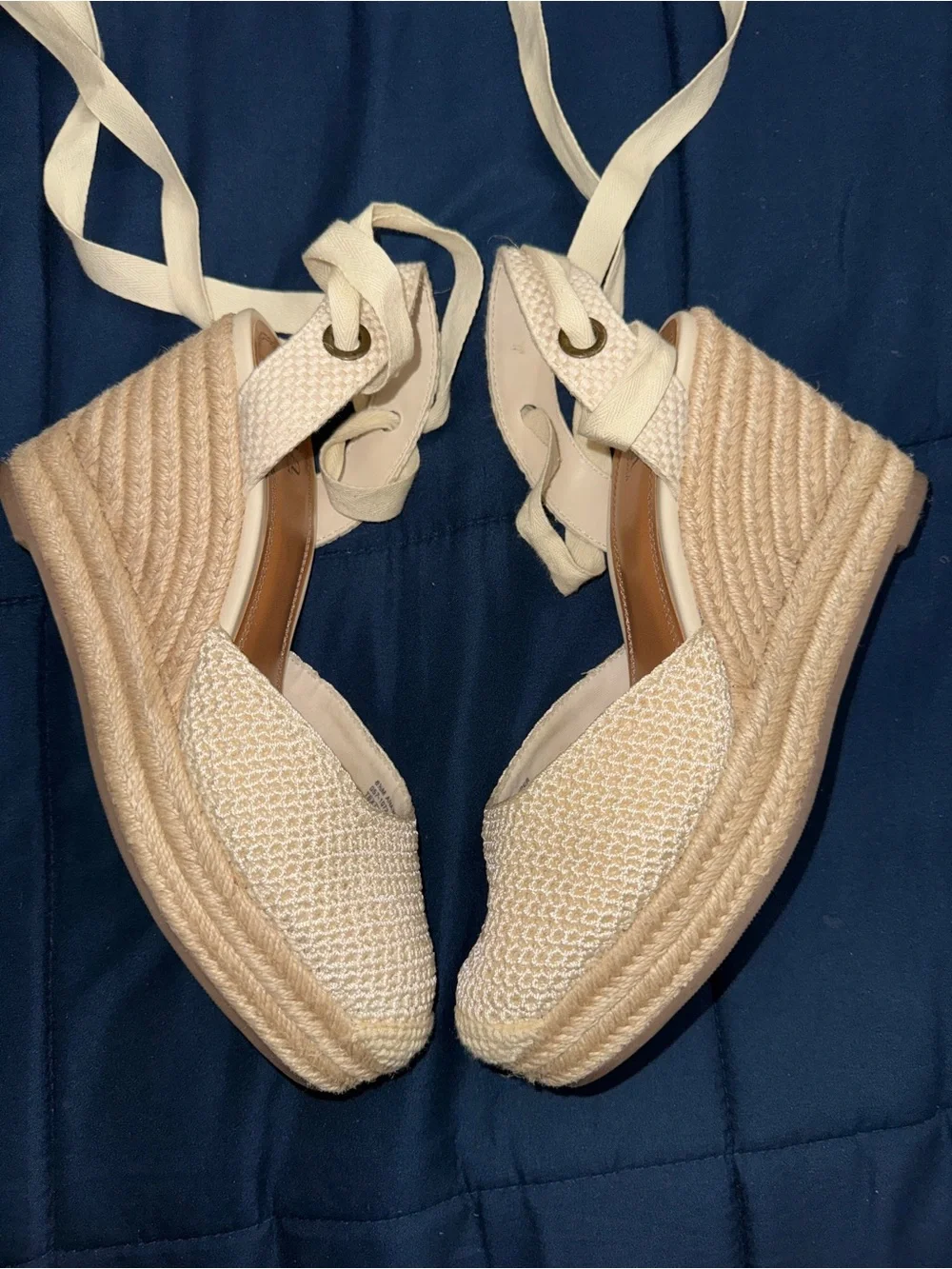 Cream Woven Espadrille Wedges with Wrap-around Ties